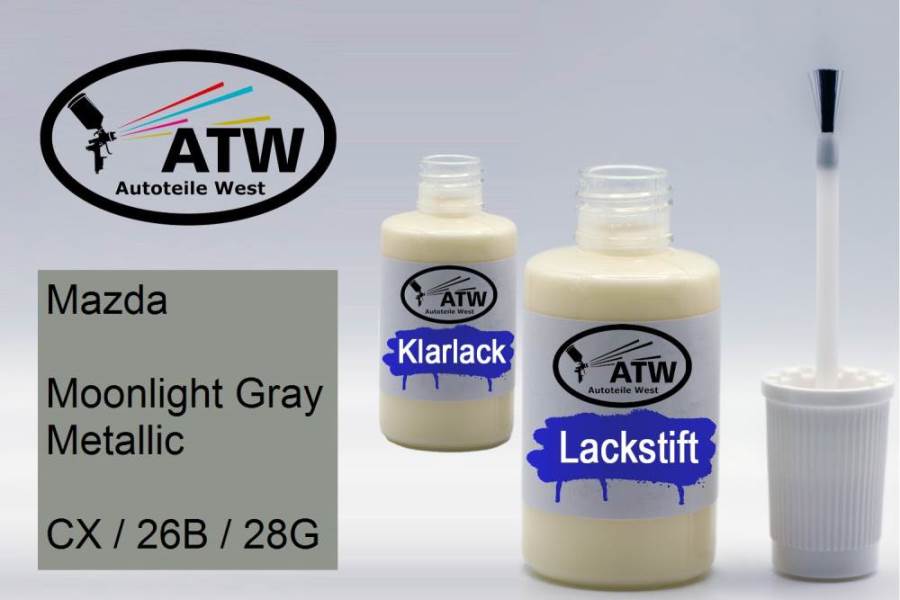 Mazda, Moonlight Gray Metallic, CX / 26B / 28G: 20ml Lackstift + 20ml Klarlack - Set, von ATW Autoteile West.